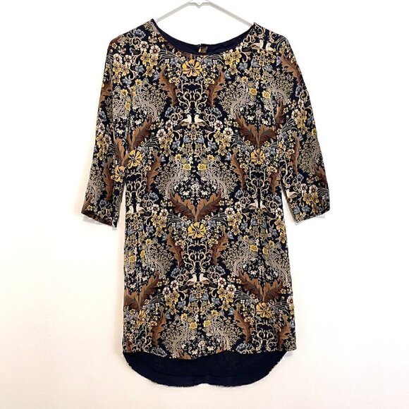 CLUB MONACO Navy Blue Tan Floral Brocade Animal Bird 3/4 Sleeve Mini Shift Dress - Picture 2 of 13